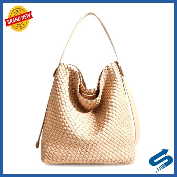 Handbags - Large Woven Tote Vegan Leather Shoulder Bag Fashion Travel Shopper Handbag Purse